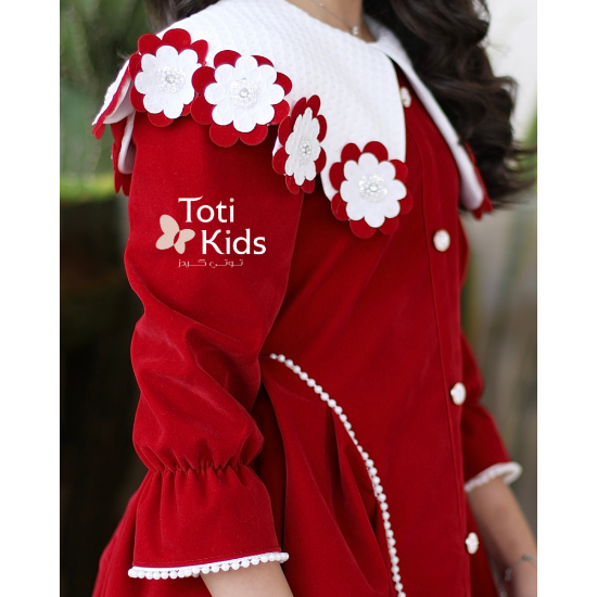 صورة فستان بناتي مخمل بـلونين | ياقة مرصعة بالفصوص وتفاصيل لؤلؤ - 1125